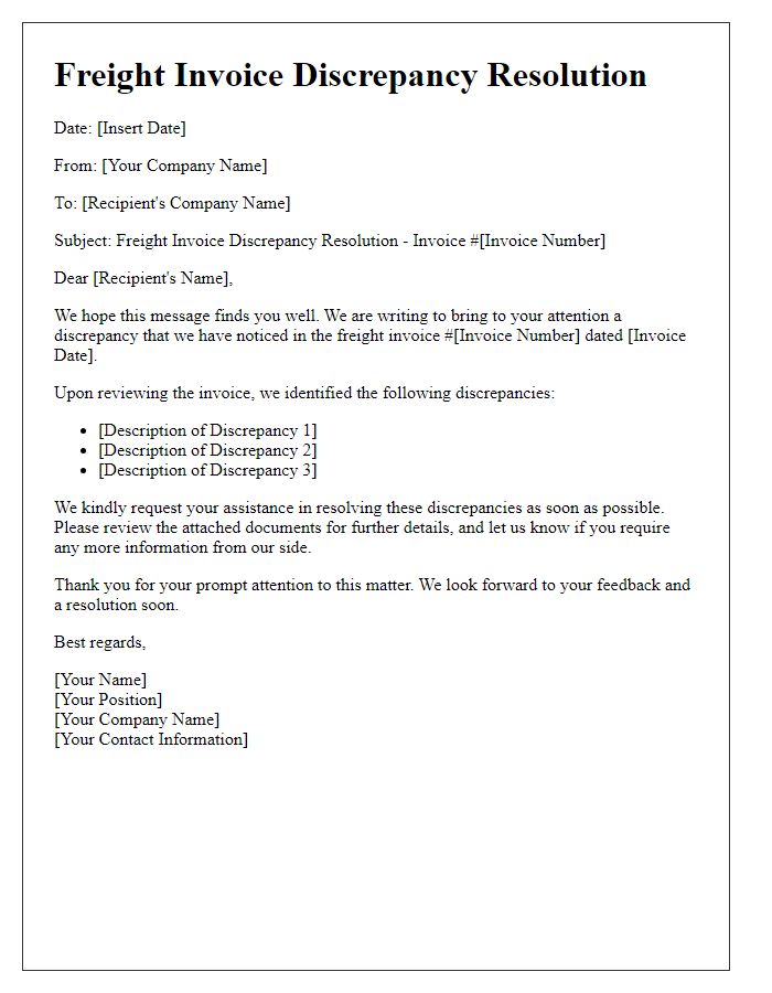 Letter template of freight invoice discrepancy resolution