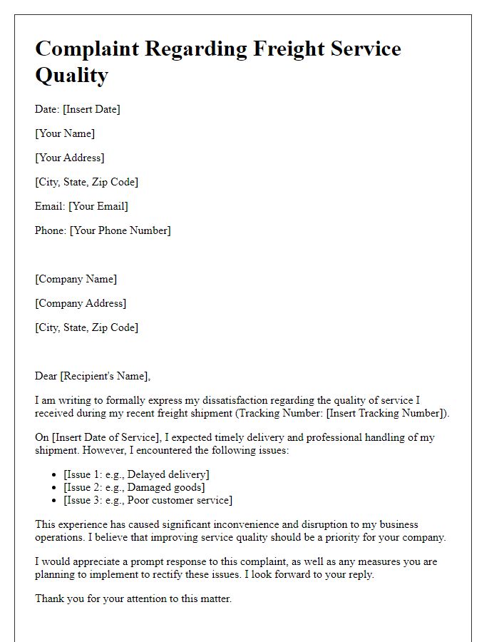 Letter template of freight service quality complaint