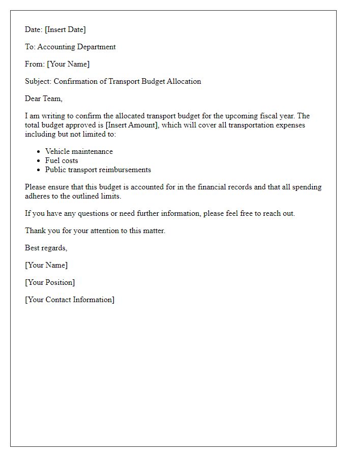 Letter template of transport budget confirmation for accounting department