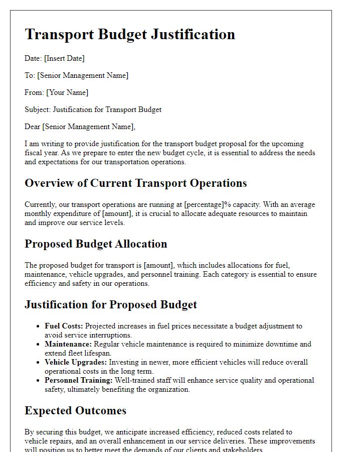 Letter template of transport budget justification for senior management