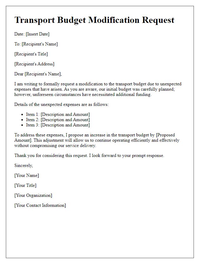 Letter template of transport budget modification for unexpected expenses