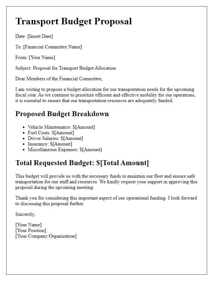 Letter template of transport budget proposal for financial committee