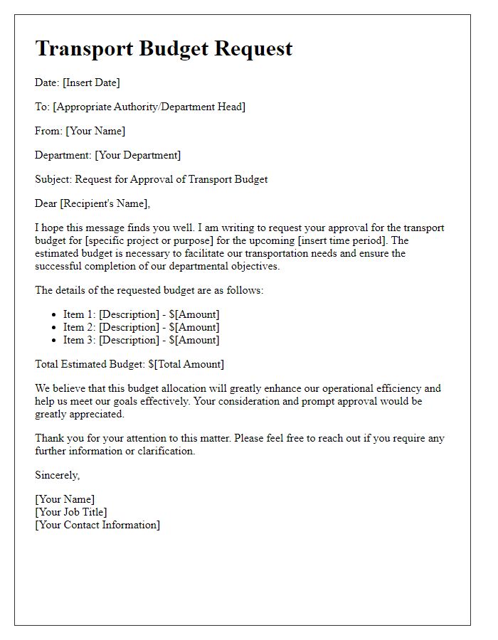 Letter template of transport budget request for departmental approval