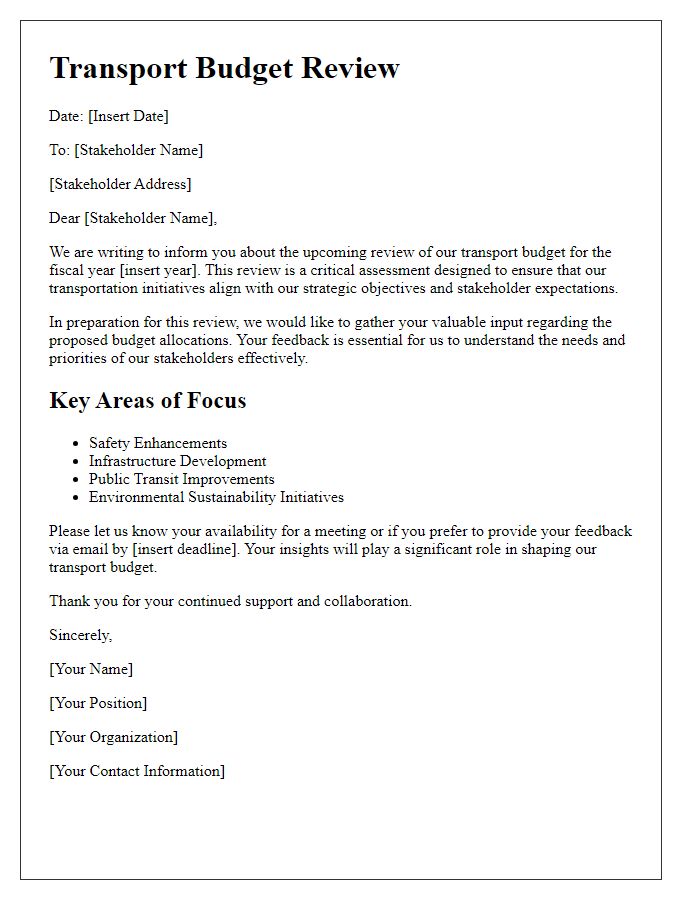 Letter template of transport budget review for stakeholder assessment