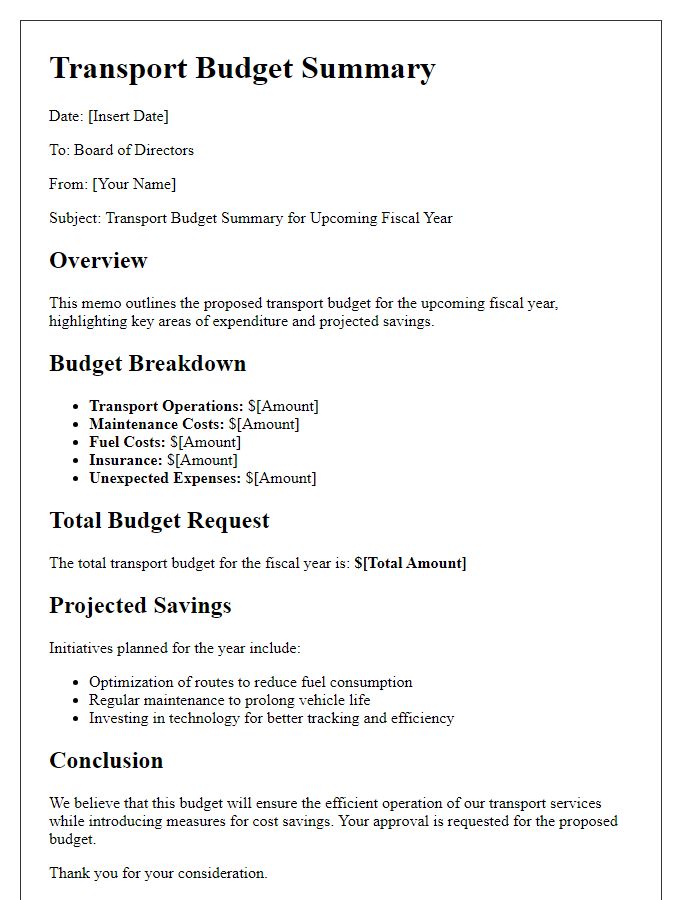 Letter template of transport budget summary for board presentation