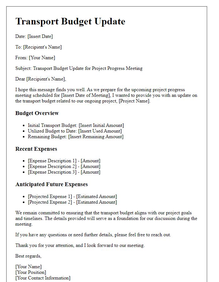 Letter template of transport budget update for project progress meeting