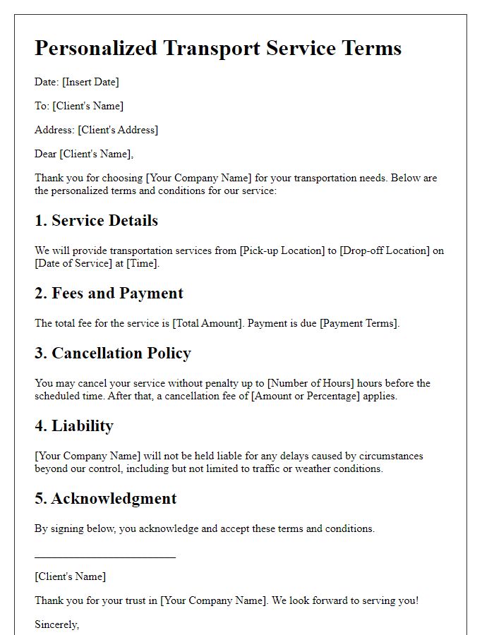 Letter template of personalized transport service terms