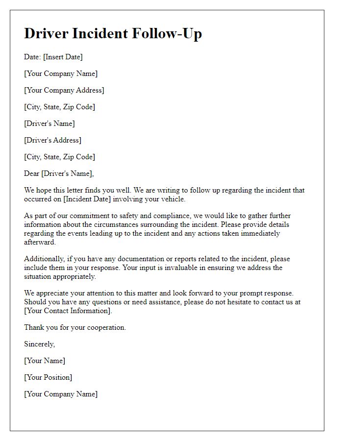 Letter template of driver incident follow-up