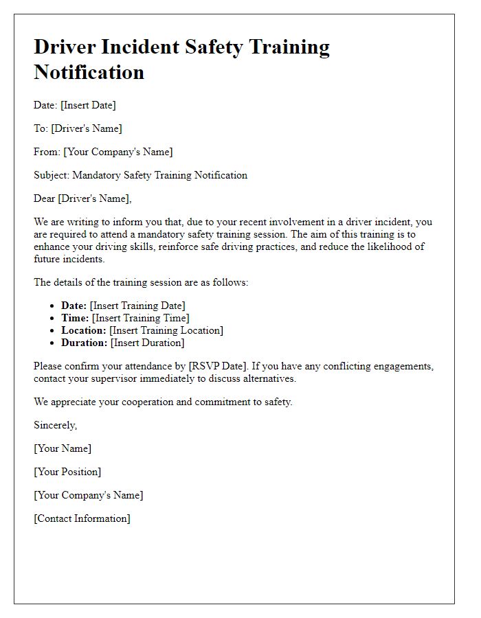Letter template of driver incident safety training notification