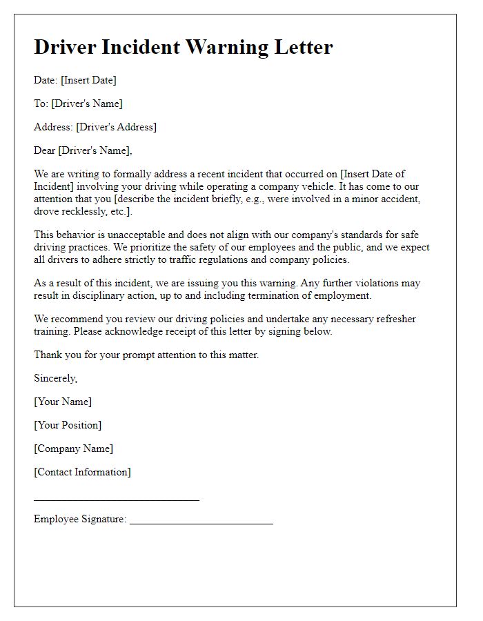 Letter template of driver incident warning letter