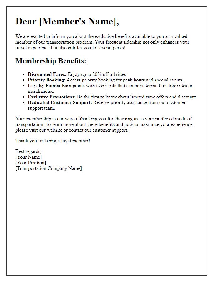 Letter template of transportation membership benefits for frequent riders