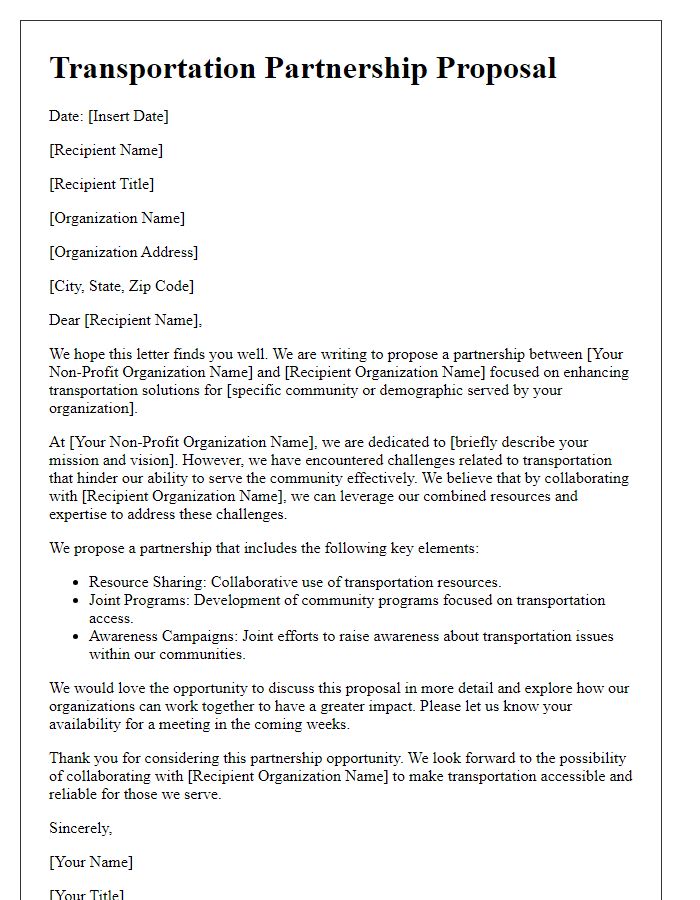 Letter template of transportation partnership proposal for non-profits