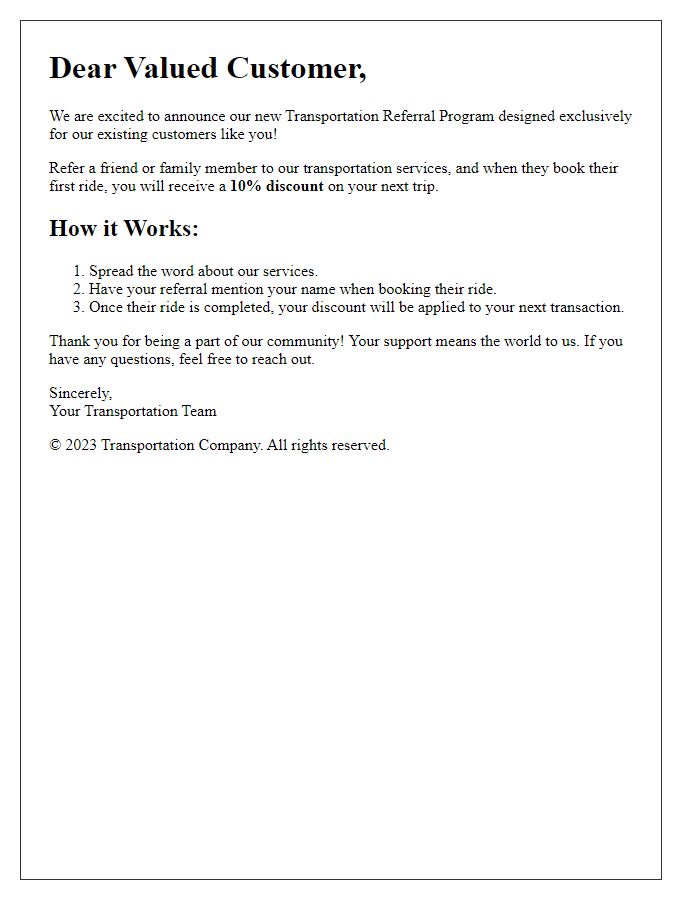 Letter template of transportation referral program for existing customers