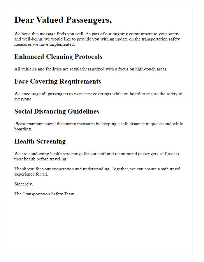 Letter template of transportation safety measures update for passengers