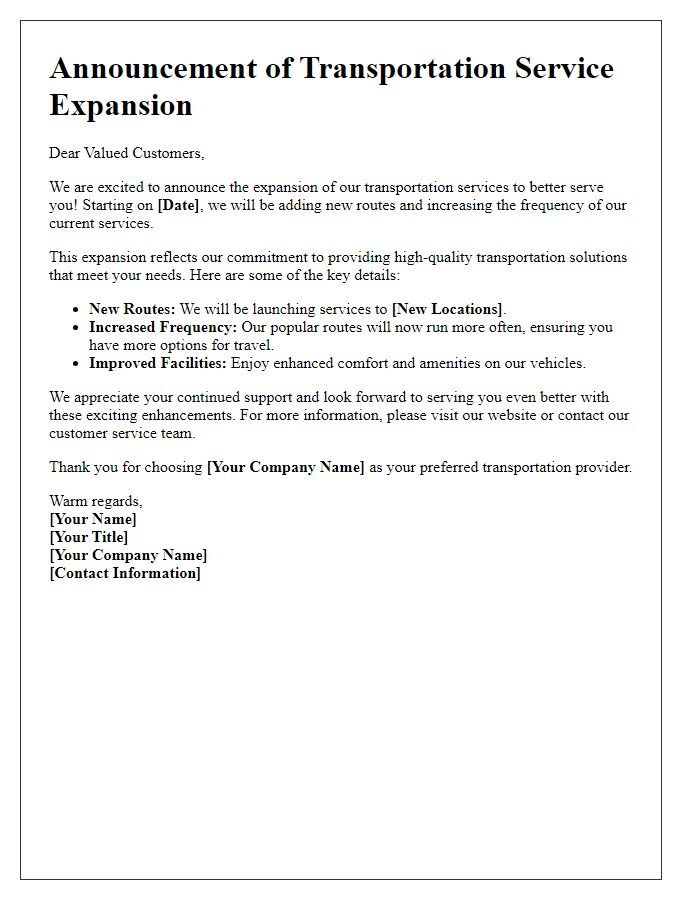 Letter template of transportation service expansion announcement