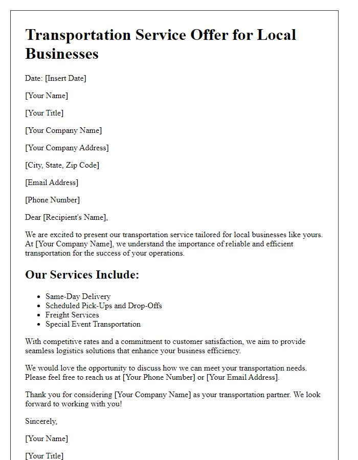 Letter template of transportation service offer for local businesses