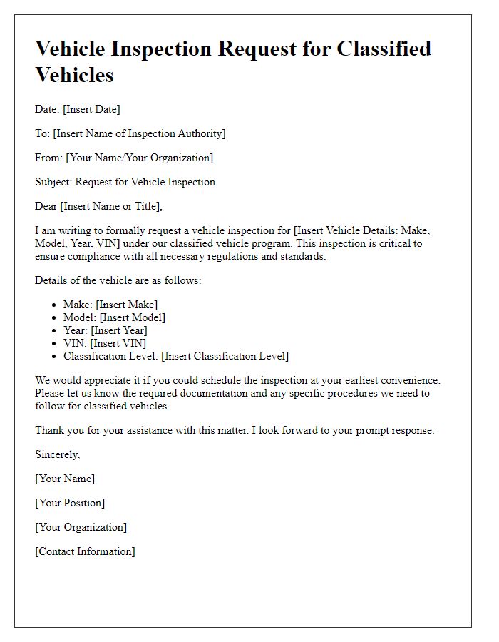 Letter template of vehicle inspection request for classified vehicles