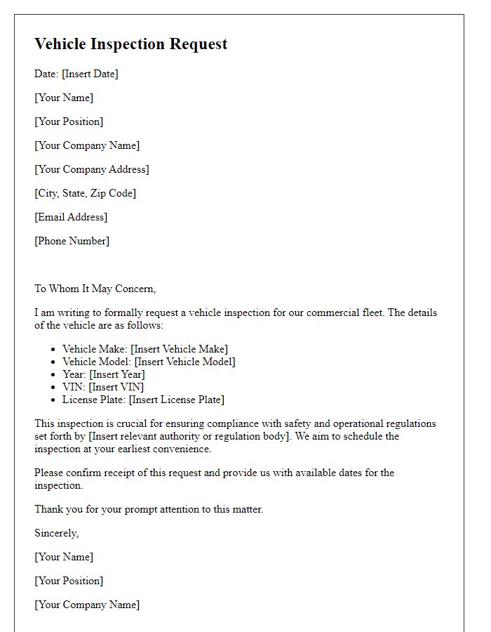 Letter template of vehicle inspection request for commercial purposes