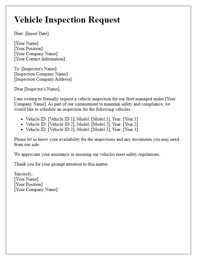 Letter template of vehicle inspection request for fleet management