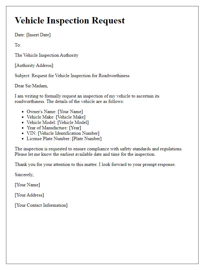 Letter template of vehicle inspection request for roadworthiness