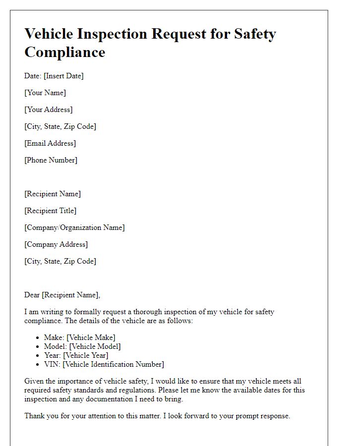 Letter template of vehicle inspection request for safety compliance