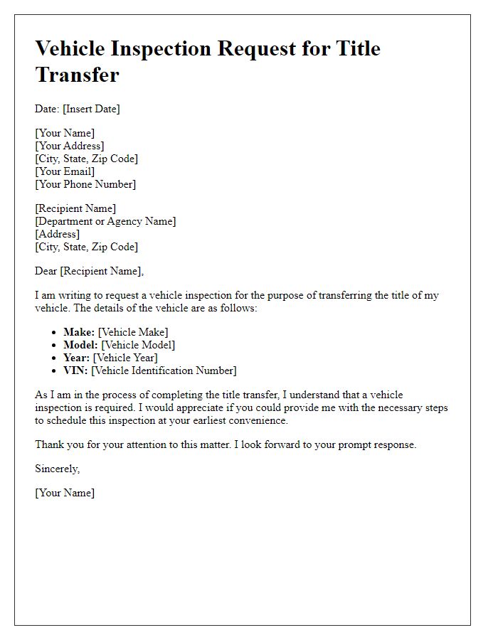 Letter template of vehicle inspection request for title transfer