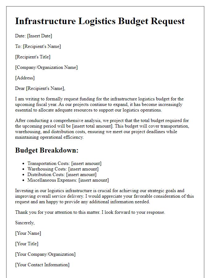 Letter template of infrastructure logistics budget request