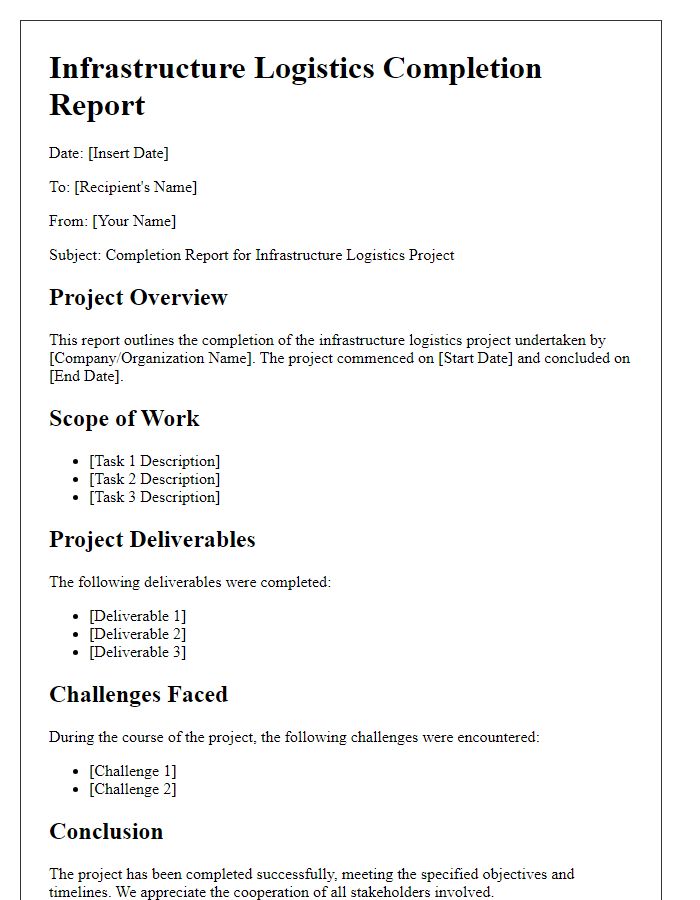 Letter template of infrastructure logistics completion report