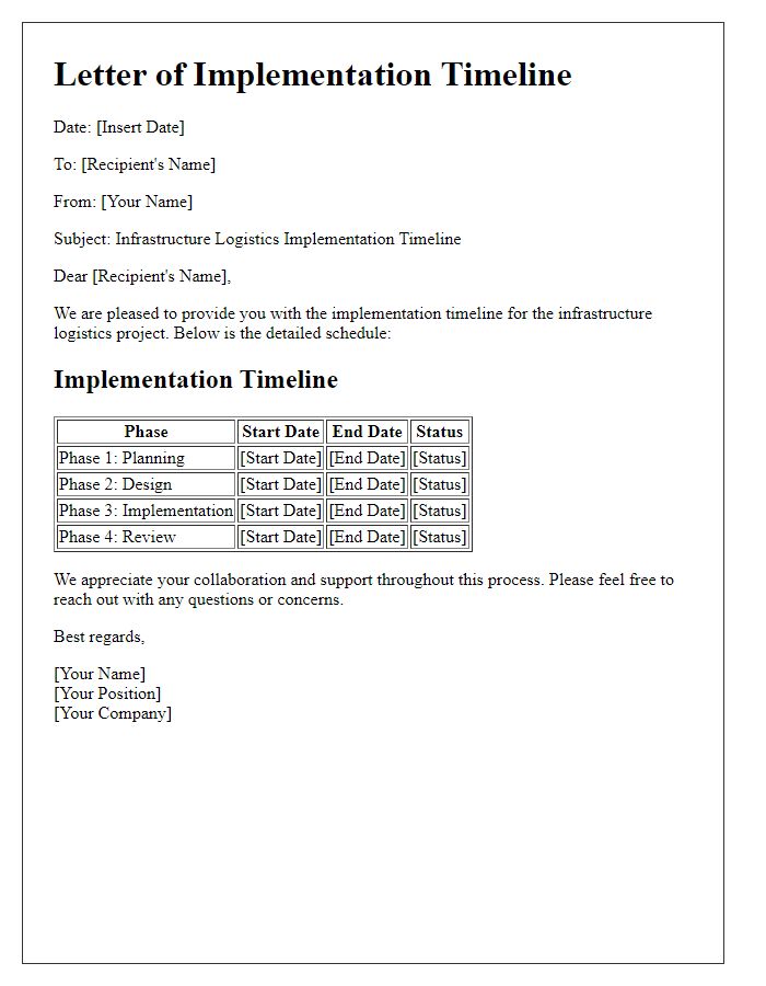 Letter template of infrastructure logistics implementation timeline