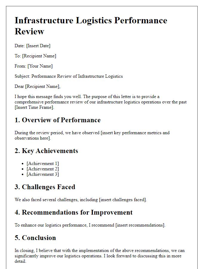 Letter template of infrastructure logistics performance review