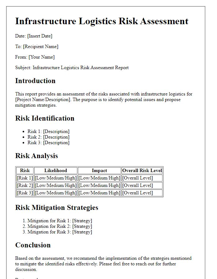 Letter template of infrastructure logistics risk assessment