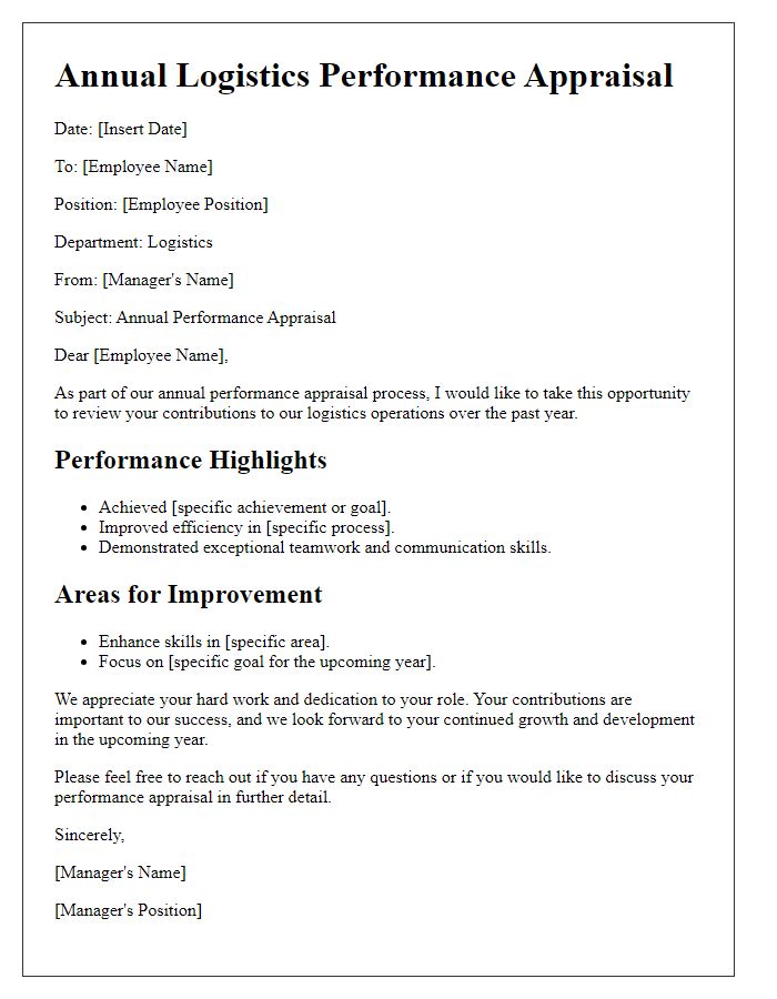 Letter template of annual logistics performance appraisal