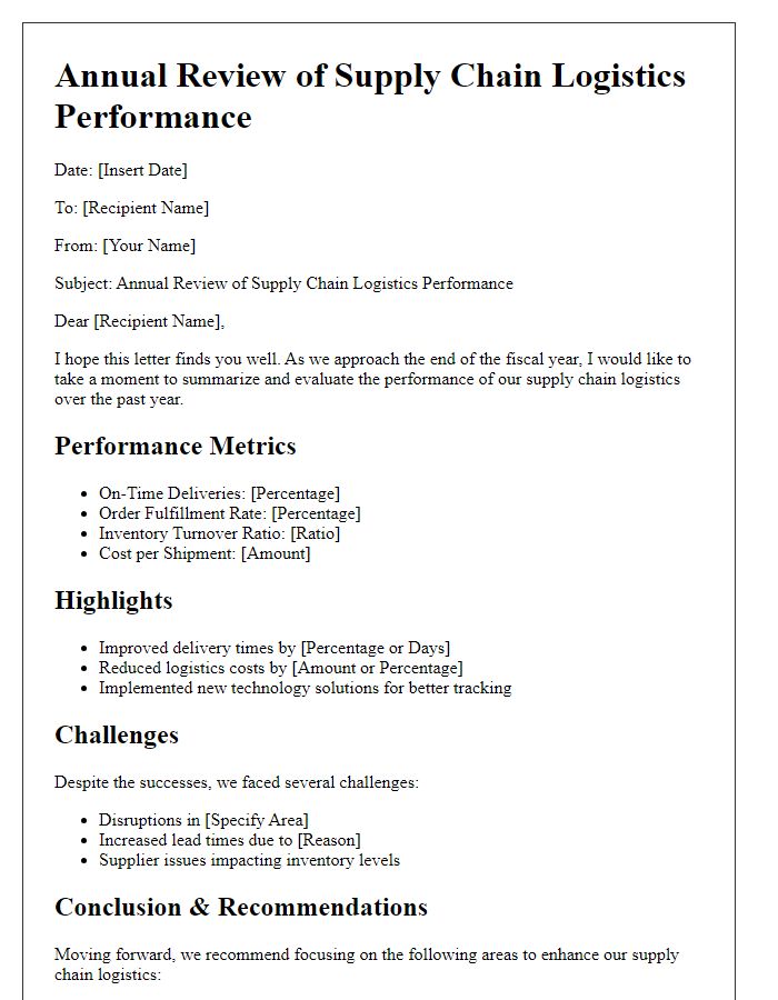 Letter template of annual review of supply chain logistics performance