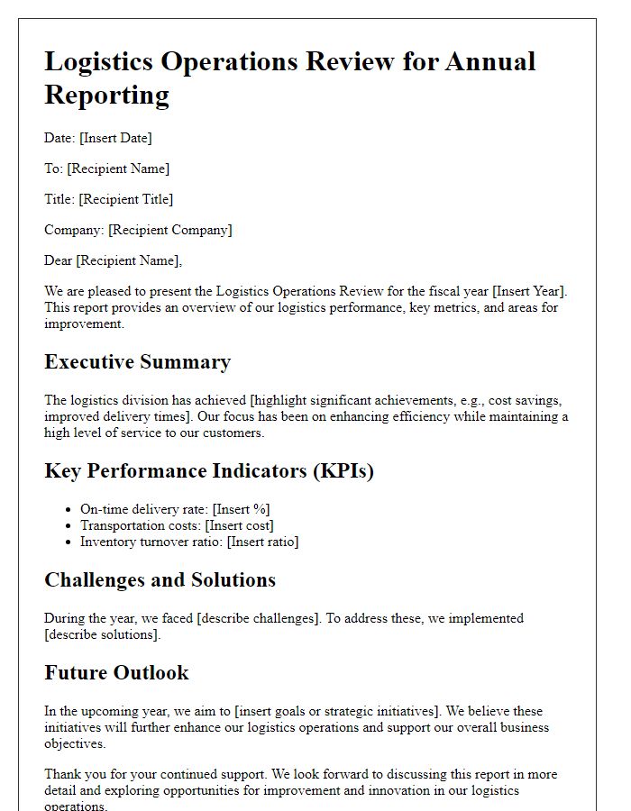 Letter template of logistics operations review for annual reporting