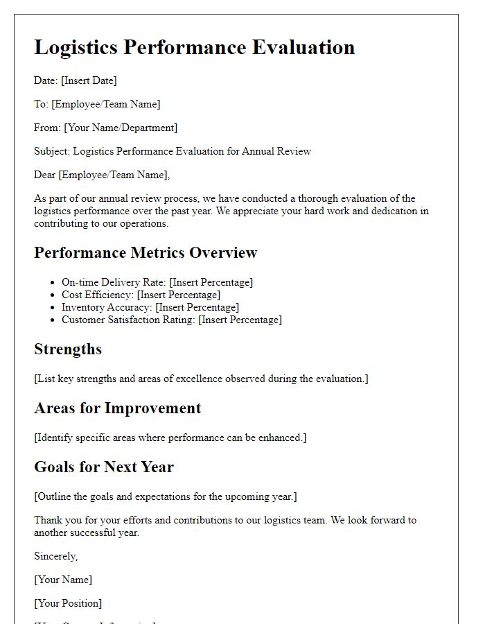 Letter template of logistics performance evaluation for the annual review