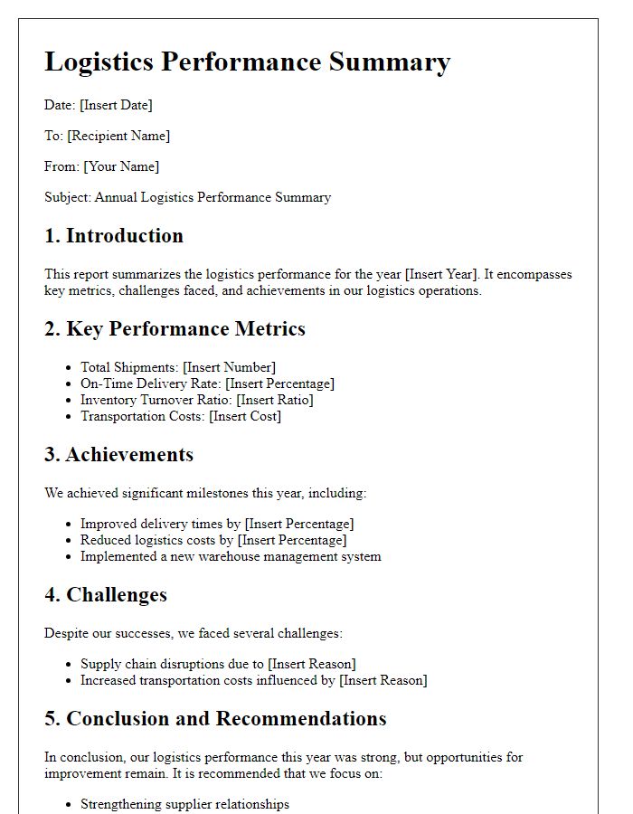 Letter template of logistics performance summary for annual assessment