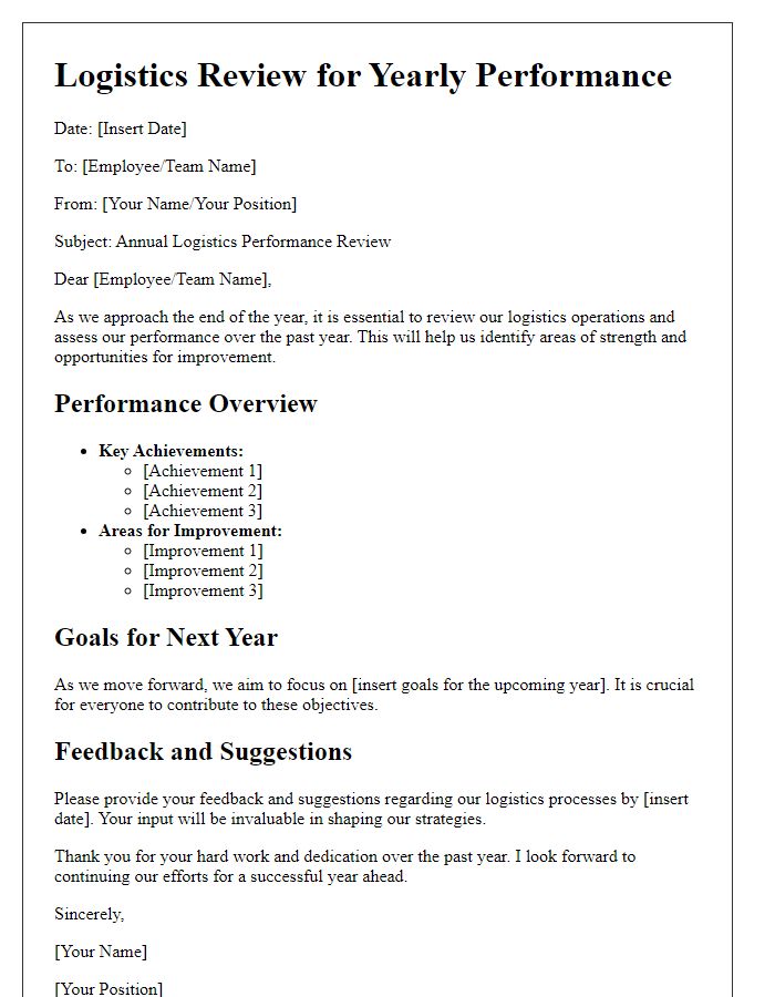 Letter template of logistics review template for yearly performance