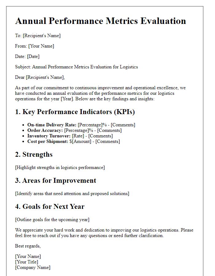 Letter template of performance metrics evaluation for logistics annually