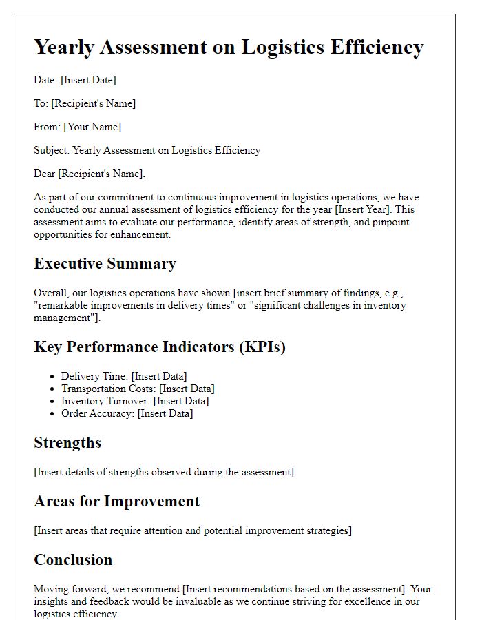 Letter template of yearly assessment on logistics efficiency