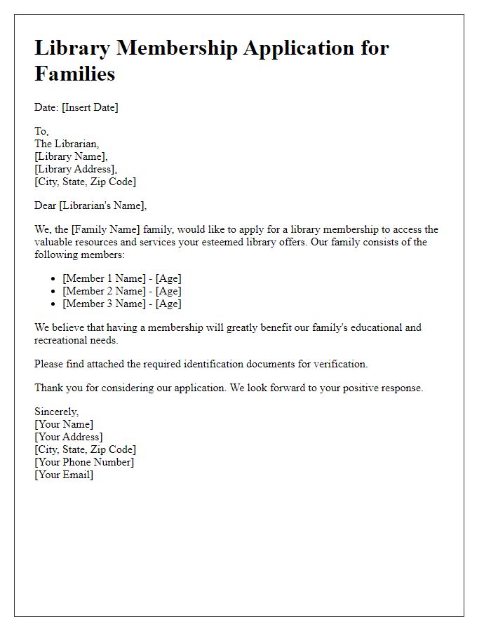 Letter template of library membership application for families.