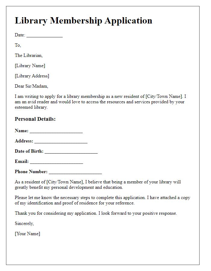 Letter template of library membership application for new residents.