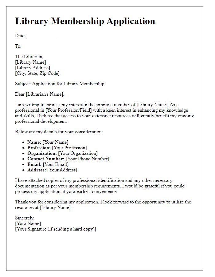 Letter template of library membership application for professionals.