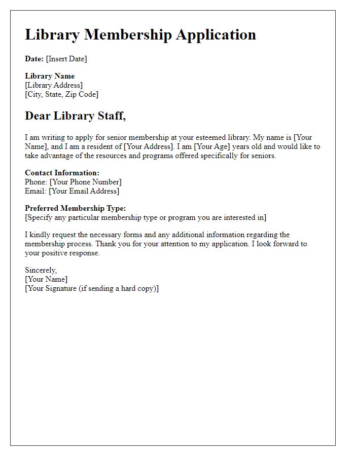 Letter template of library membership application for seniors.