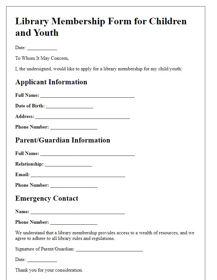 Letter template of library membership form for children and youth.