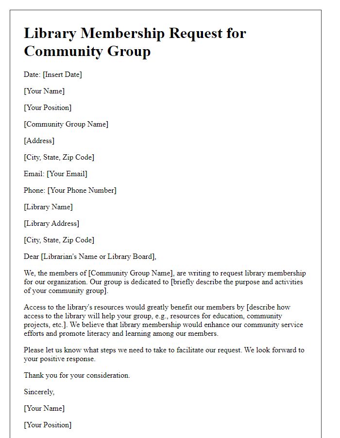 Letter template of library membership request for community groups.