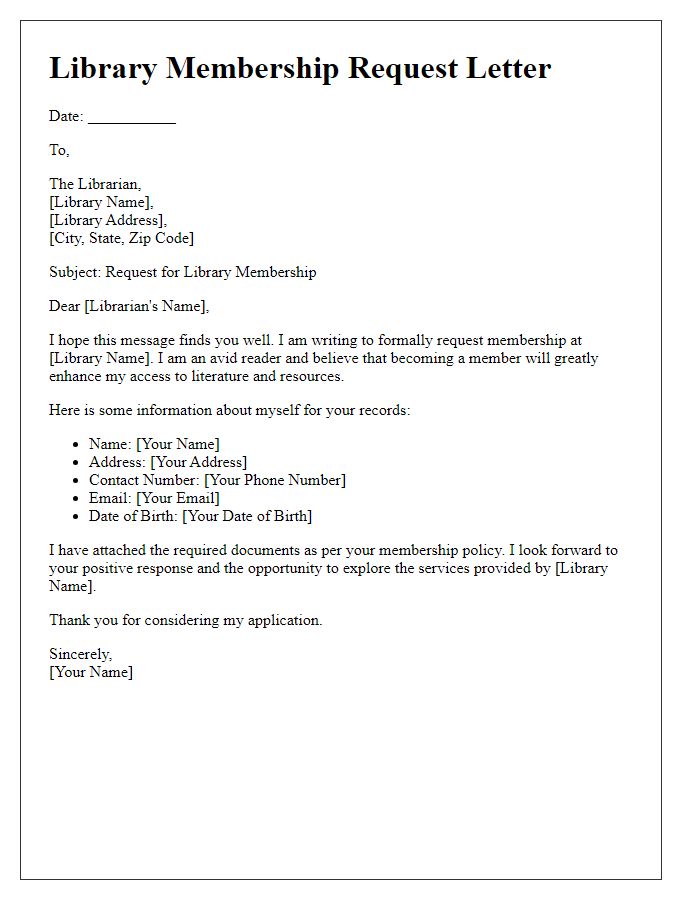 Letter template of library membership request for individuals.