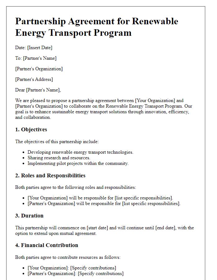 Letter template of partnership agreement for renewable energy transport program