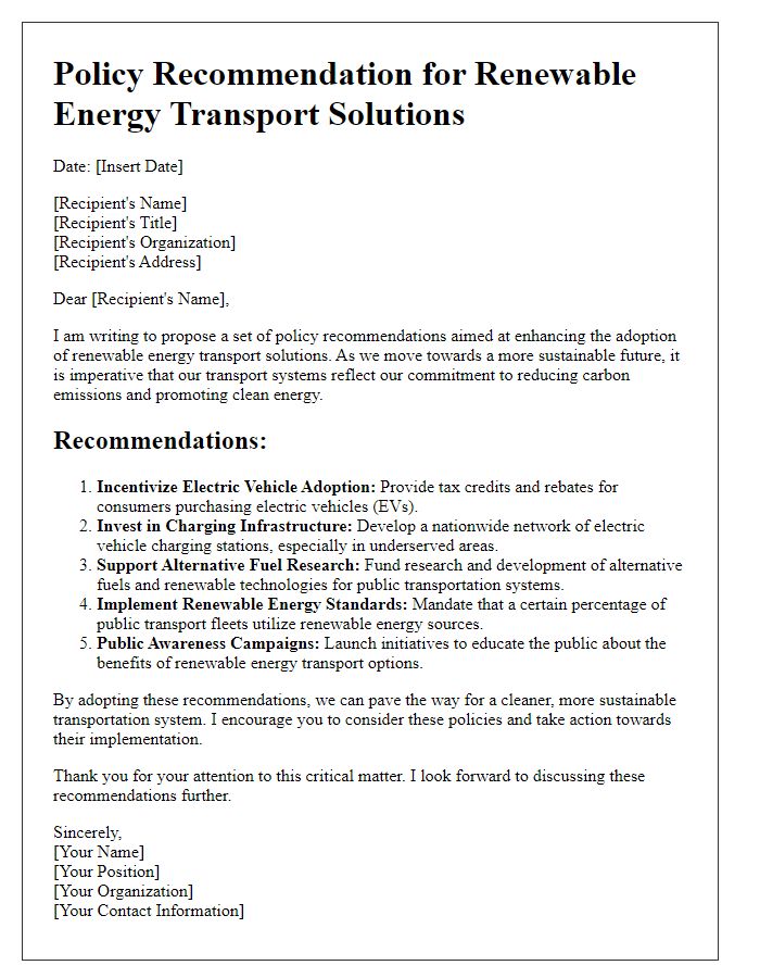 Letter template of policy recommendation for renewable energy transport solutions