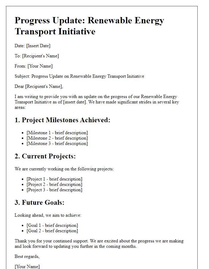 Letter template of progress update for renewable energy transport initiative