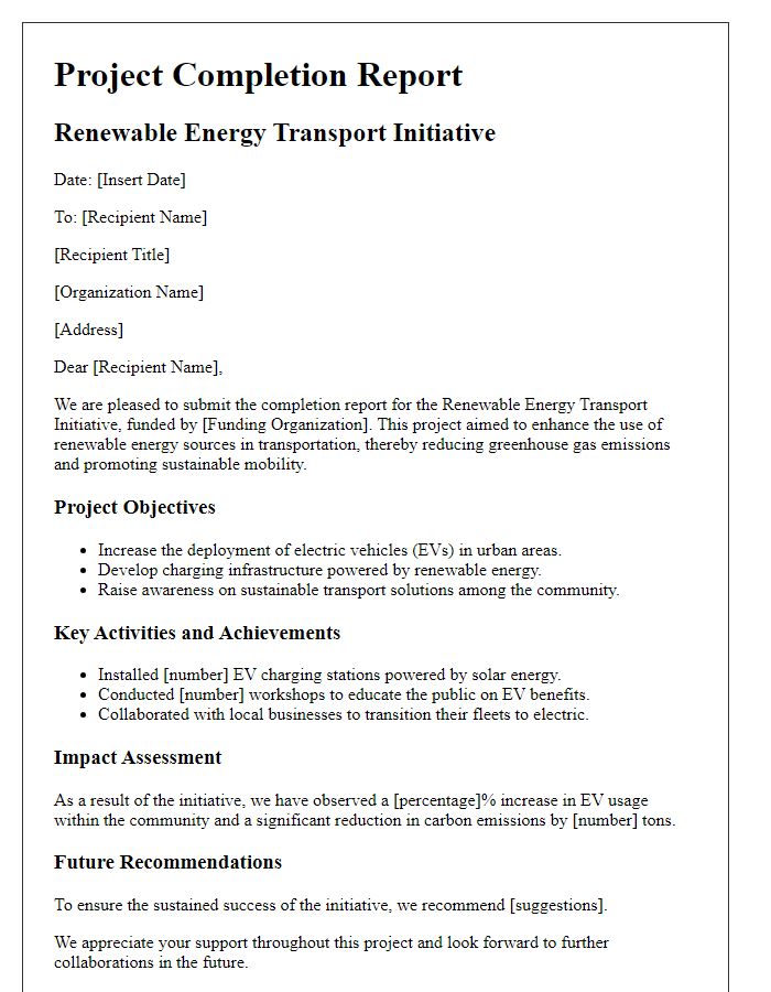 Letter template of project completion report for renewable energy transport initiative